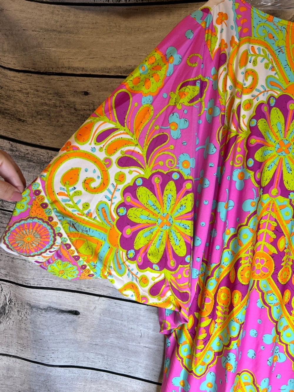 Trina Turk Woodblock Batik Boho Chic Pink Floral Swim Coverup Tunic Dress Size M - Picture 8 of 11